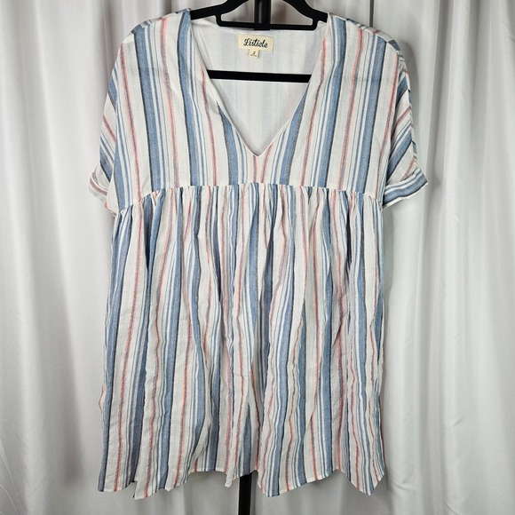 Off-White Dresses & Skirts - Listicle Striped Babydoll Tunic Mini Dress Women S White Blue Lined Coastal Chic